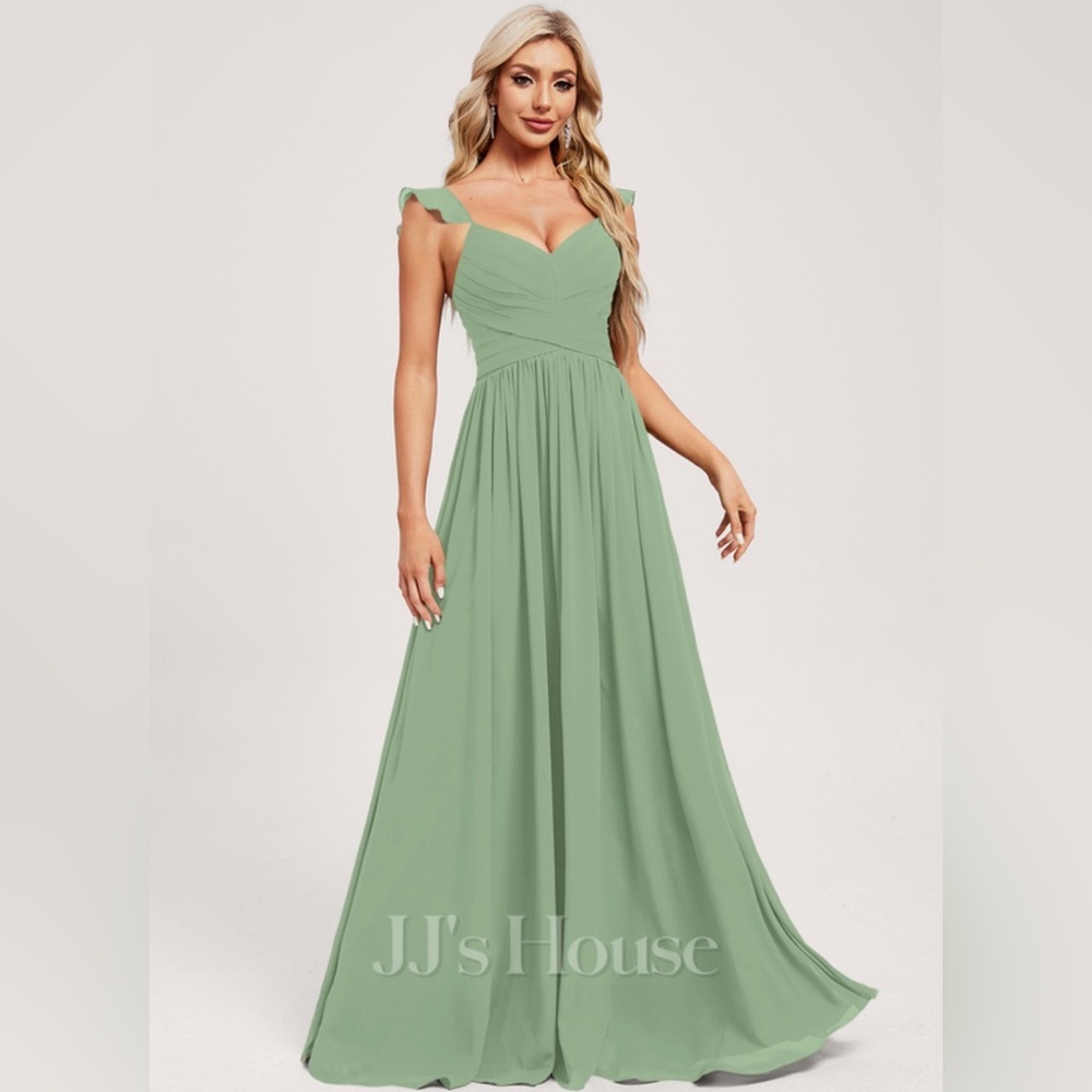JJs House Basil Green A-line V-neck Floor-length Chiffon Bridesmaid Dress Sz 4 - Picture 2 of 5